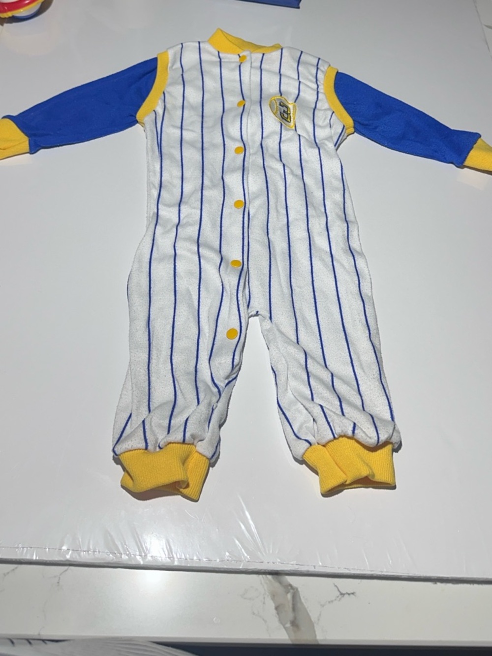 Playskool Paper Tag Blue Yellow Striped Baseball #3 Vintage One-Piece Sleeper
